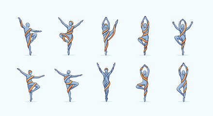 Group of ten abstract ballet dancers in dynamic poses wrapped in blue and orange ribbons.
