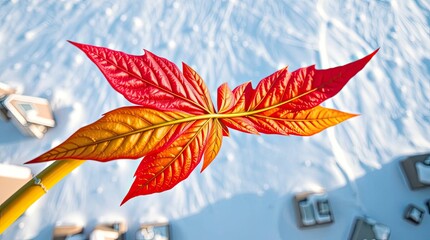 Vibrant Red Leaf Resting on a Pristine Snowy Hill