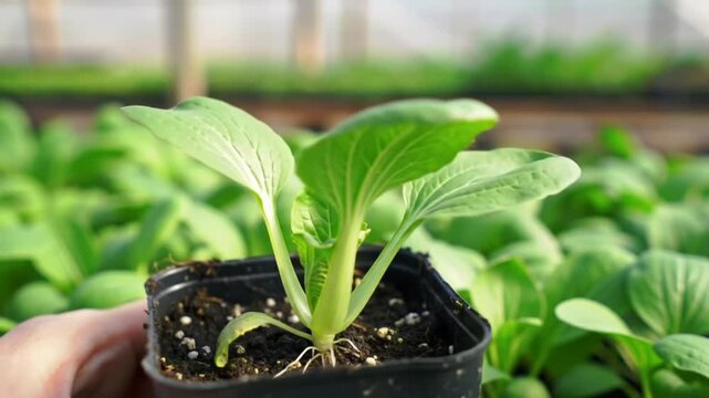 Hand holding a small green plant seedling in a pot, with more plants behind.