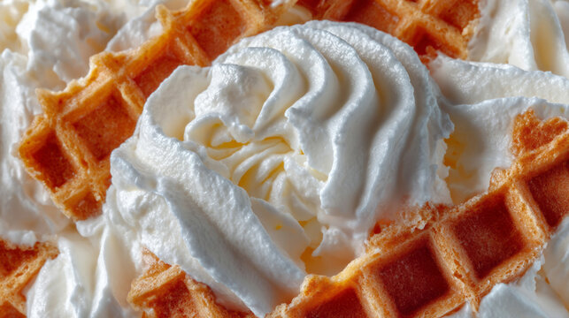Golden waffle topped with cloud-like whipped cream swirl, evoking Belgian brunch coziness and Pancake Day delight
