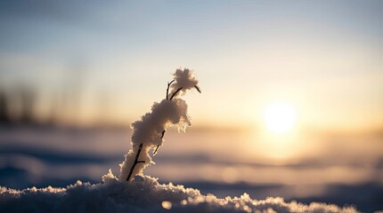 Solitary Plant in Snow Illuminated by Warm Golden Sunset