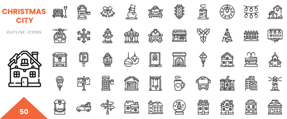 A festive collection of Christmas-themed outline icons featuring homes, decorations, and activities.