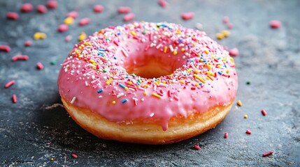 Delicious pink donut with colorful sprinkles