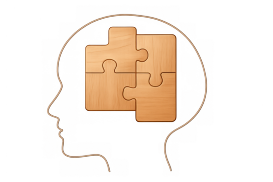 Human mind outline with interlocking wooden puzzle pieces finding a solution, representing mental health and problem-solving concept