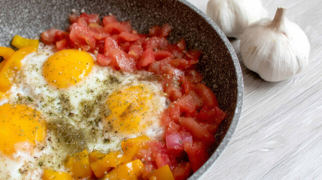 Sizzling harmony of sunny-side eggs with bell peppers and tomatoes, evoking Turkish Shakshuka, perfect for World Egg Day celebration