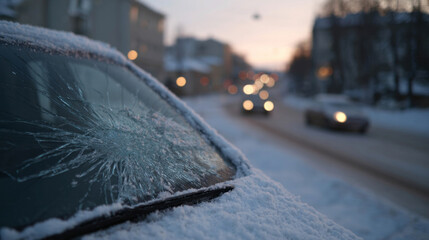 Cracked windshield whispers winter's gritty tales, evoking frozen Yule traditions and urban resilience dance across icy tarmac