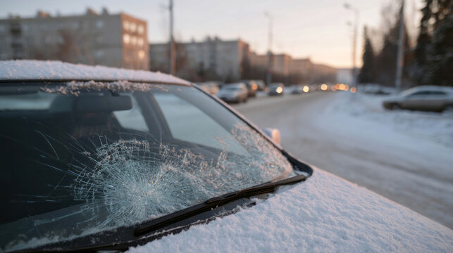 Cracked windshield dusted with snow, urban frost whispers, mysterious winter narrative, reminiscent of Krampusnacht or silent solstice drives