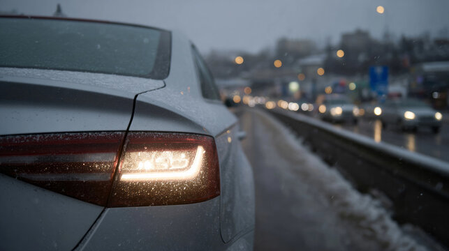 Glistening taillights blur into a wintry urban dusk, evoking Solstice reflections and commuter tales under frosty drizzles