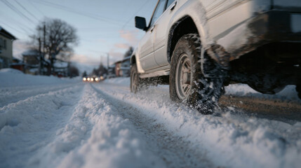 Snow-churning car blazes through icy street, embodying Nordic Winter Solstice rush and the enigmatic Frost Festival vibe