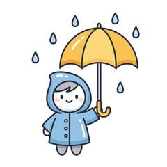 A cute cartoon character in a blue raincoat holding a yellow umbrella in the rain.