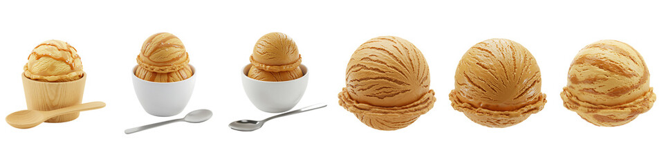Fototapeta premium Collection of delicious ice cream cones and cups with spoons on a black background