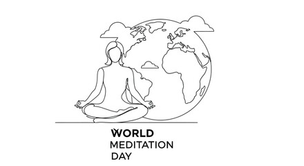 A woman meditates in the lotus position with the earth and clouds surrounding her