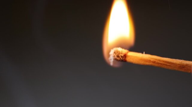 An extreme close-up, slow-motion video of a match being struck and bursting into a vibrant flame. This macro footage captures the intimate, raw power of fire from the initial spark.
