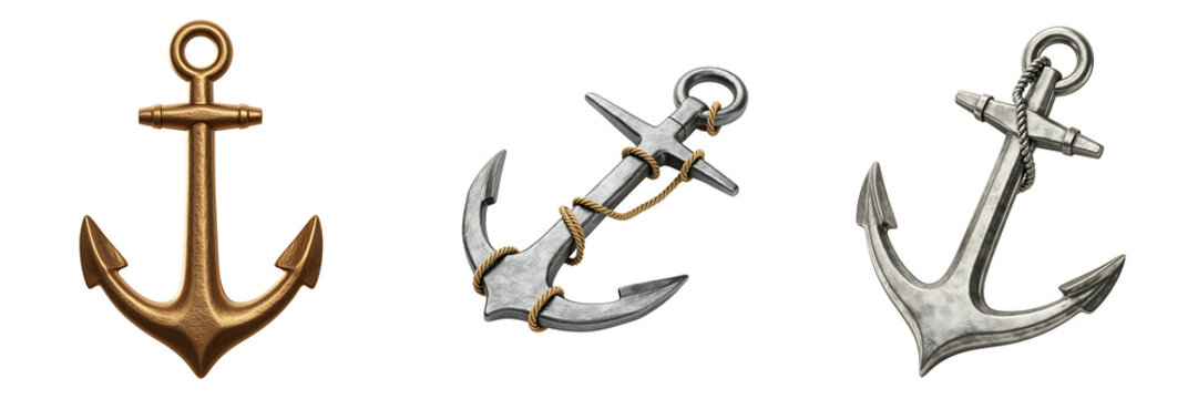 Collection of three nautical anchors on a black background