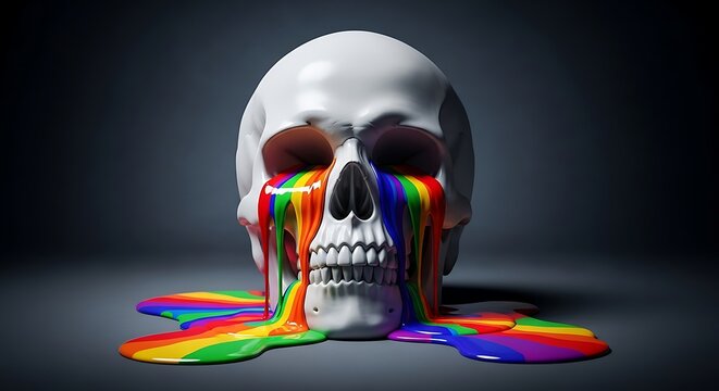 Melting skull crying rainbow colors symbolizing pride and mortality