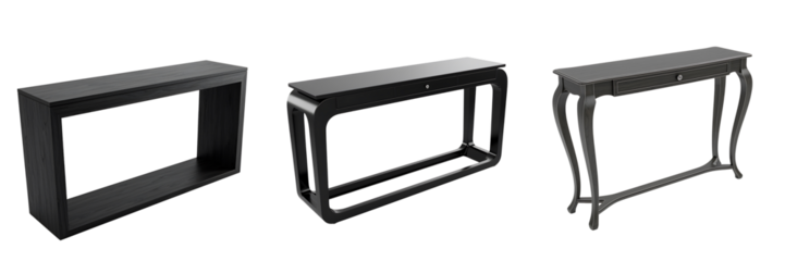 Three modern black metal frames with different designs on a black background