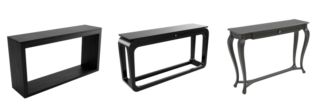 Three modern black metal frames with different designs on a black background