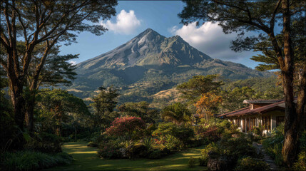 Lush volcanic sanctuary with serene retreat, vibrant flora celebrate Earth Day, Sacred Mountain Fest in verdant tranquility