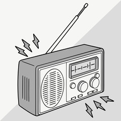 Black and White Retro Radio Emitting Sound Waves And Lightning Keywords: radio, retro, vintage