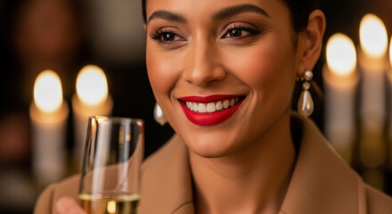 Smiling woman with red lipstick holding a champagne glass, radiating elegance and joy in a warm, candlelit setting.