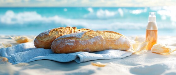 Delicious baguette on blue tea towel