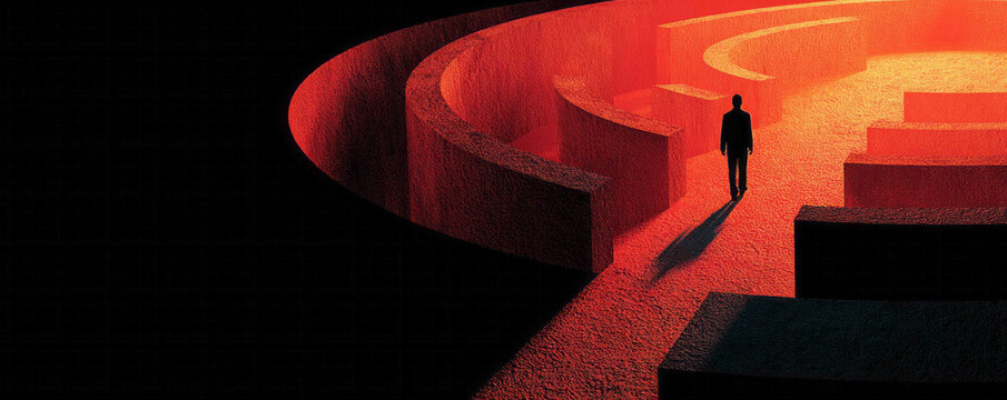 Mysterious silhouette wanders a fiery abstract labyrinth, pondering destiny on Labyrinth Day, surreal escape from mundanity