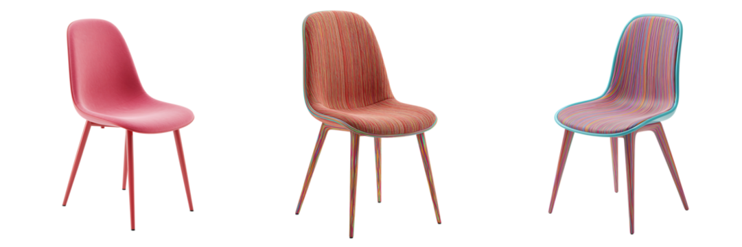 Three unique artistic chairs with textured seats and thin legs
