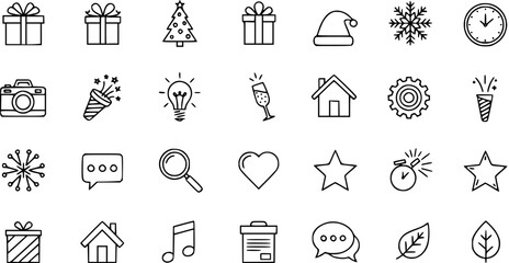Line Art Icon Set: Christmas, Celebration, Business, and Everyday Symbols. Minimalist Doodle Collection for Web, App, and Graphic Design Projects.