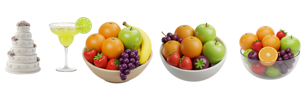 Assortment of fresh fruit in decorative bowls and a margarita glass