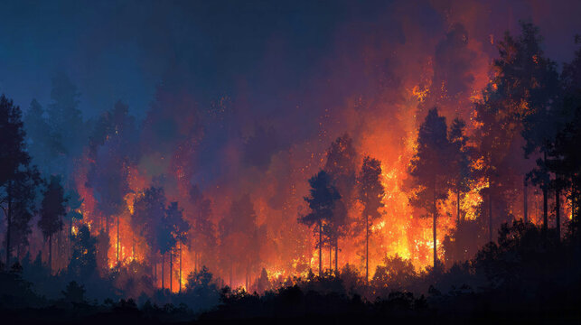 Blazing forest inferno ignites twilight's canvas, embodying fiery renewal akin to Beltane's flames and Mongolian Naadam Festival's vigor