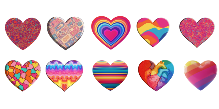 Collection of ten colorful and patterned heart shapes on black background