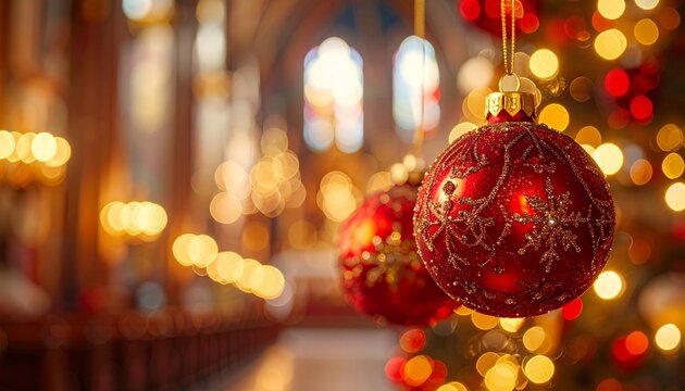 Rote Weihnachtskugeln am Christbaum in festlich geschm&uuml;ckter Kirche &ndash; warme Lichter und adventliche Stimmung

