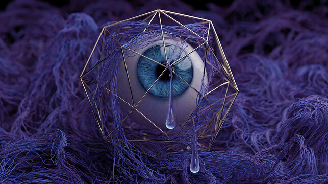 A blue eye trapped within a golden geometric cage surrounded by purple fibrous material image