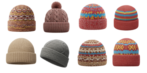 Collection of eight colorful knitted winter hats with different patterns