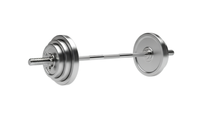 Barbell with Silver Weight Plates PNG. Isolated full size barbell loaded with shiny silver plates  for modern gym, fitness, and strength training visuals