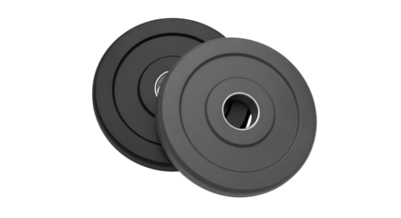 Two Black Weight Plates PNG. Isolated pair of black circular weight plates, ideal for gym equipment, strength training, and fitness concepts. Barbell weight plates top view flat lay PNG