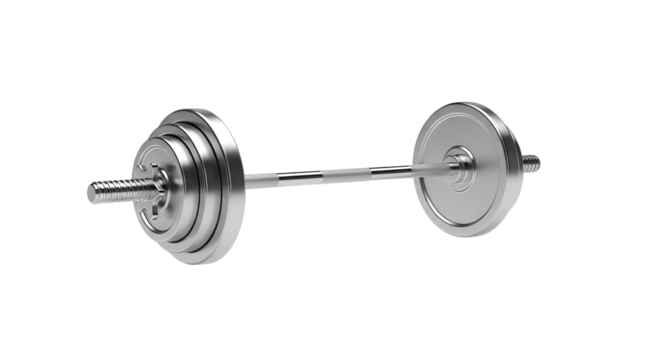 Barbell with Silver Weight Plates PNG. Isolated full size barbell loaded with shiny silver plates  for modern gym, fitness, and strength training visuals - Powered by Adobe