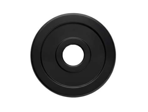 Single Black Weight Plate PNG. Isolated black circular weight plate, top view  for gym equipment, exercise and fitness accessory designs
