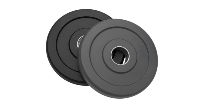 Two Black Weight Plates PNG. Isolated pair of black circular weight plates, ideal for gym equipment, strength training, and fitness concepts. Barbell weight plates top view flat lay PNG