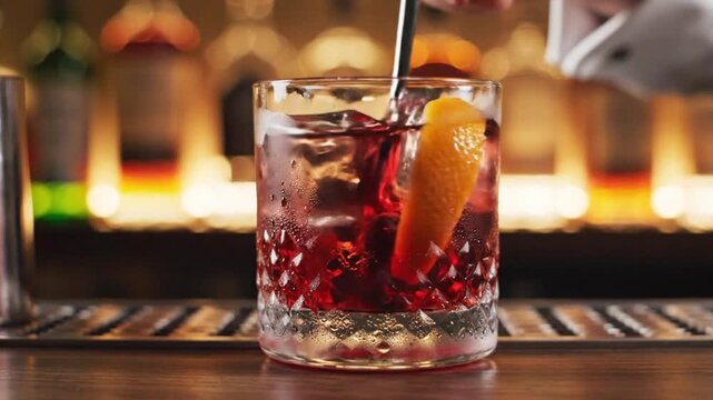 Hand Stirring a Classic Negroni Cocktail