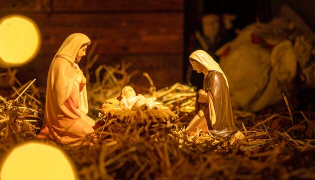 Weihnachtskrippe mit heiliger Familie im Stall &ndash; traditionelle Darstellung der Geburt Jesu in warmem Kerzenlicht
