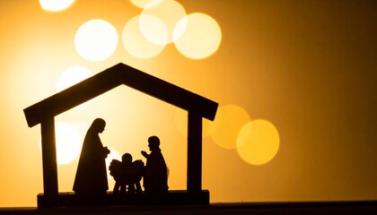 Stilisierte Krippenszene vor warmem Kerzenbokeh – Josef, Maria und Jesus als Weihnachtskrippe im sanften Abendlicht
