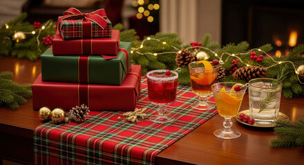 Festive Christmas setting with stacked presents, colorful cocktails, and garland on table, conveying warmth and holiday cheer.