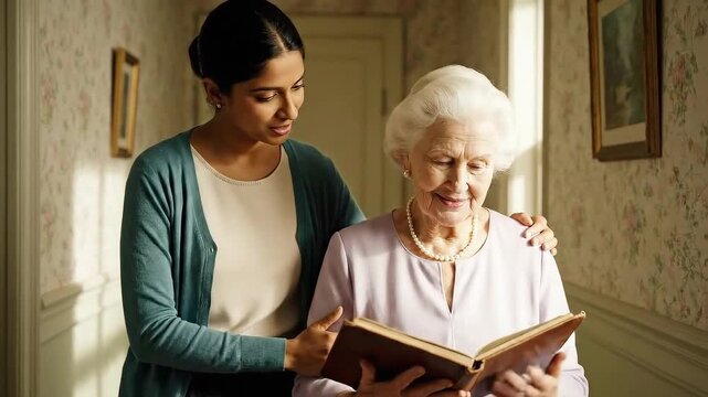 Young Woman Assists Senior Woman in Viewing Photo Album in Hallway with Floral Wallpaper and Wooden Frames Gentle Lighting Warm