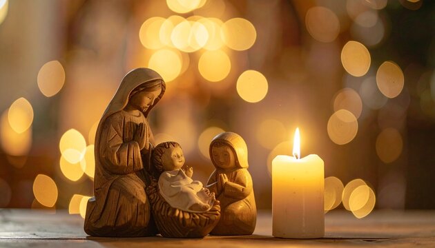 Holzkrippe mit heiliger Familie und Kerze vor goldenem Bokeh &ndash; besinnliches Weihnachtsmotiv zur Geburt Jesu
