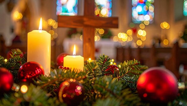 Weihnachtliche Kirchendekoration mit Kreuz, Kerzen und roten Kugeln &ndash; festliche Adventsstimmung im Kirchenraum
