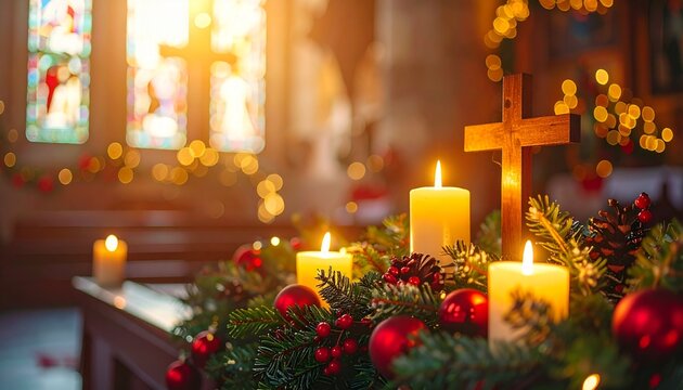 Adventsdeko mit Kerzen und Kreuz in der Kirche &ndash; festliche Weihnachts-Atmosph&auml;re mit warmem Licht und Bokeh
