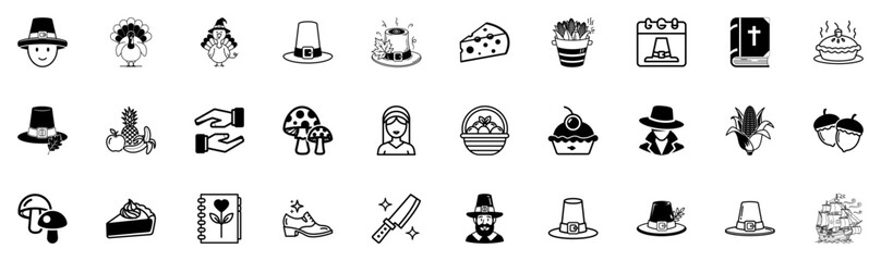 Black and White Thanksgiving, Harvest, Autumn Food, Characters, and Seasonal Holiday Icon Super Bundle