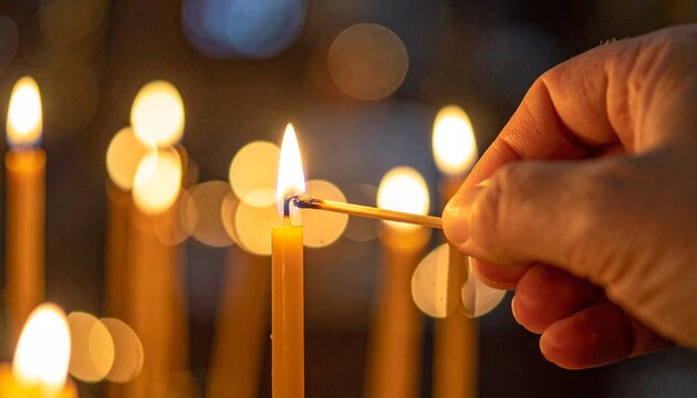 Hand z&uuml;ndet Kerze im Kirchenraum an &ndash; symbolisches Licht der Hoffnung und Besinnung in Advent und Weihnachten
