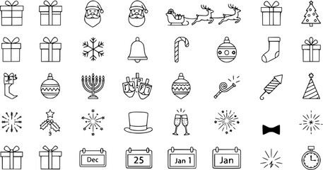 Holiday Icons: Christmas, New Year, Hanukkah Celebration Symbols - Vector Line Art
